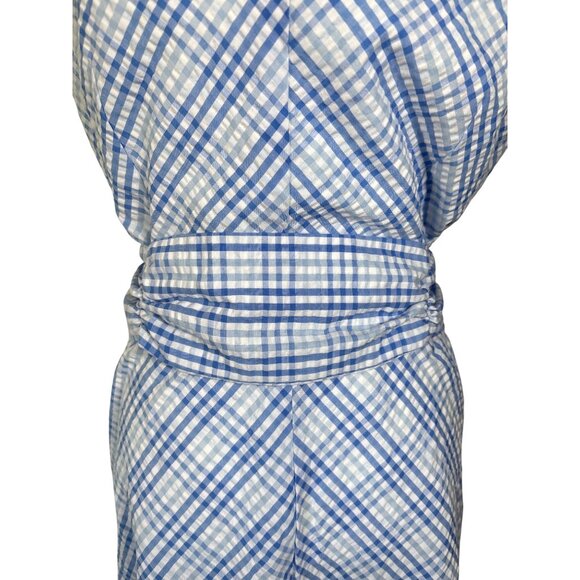 Anne Klein Dress Size 12 Seersucker Gingham Midi Sleeveless Belted Classic Blues - Picture 7 of 10